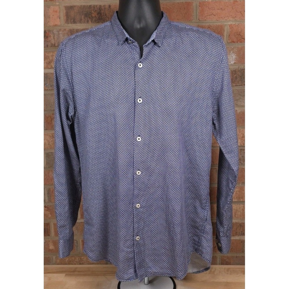 Bally Mens Blue White Geometric Cotton Tailored Fit Button Up Dress Shirt Large